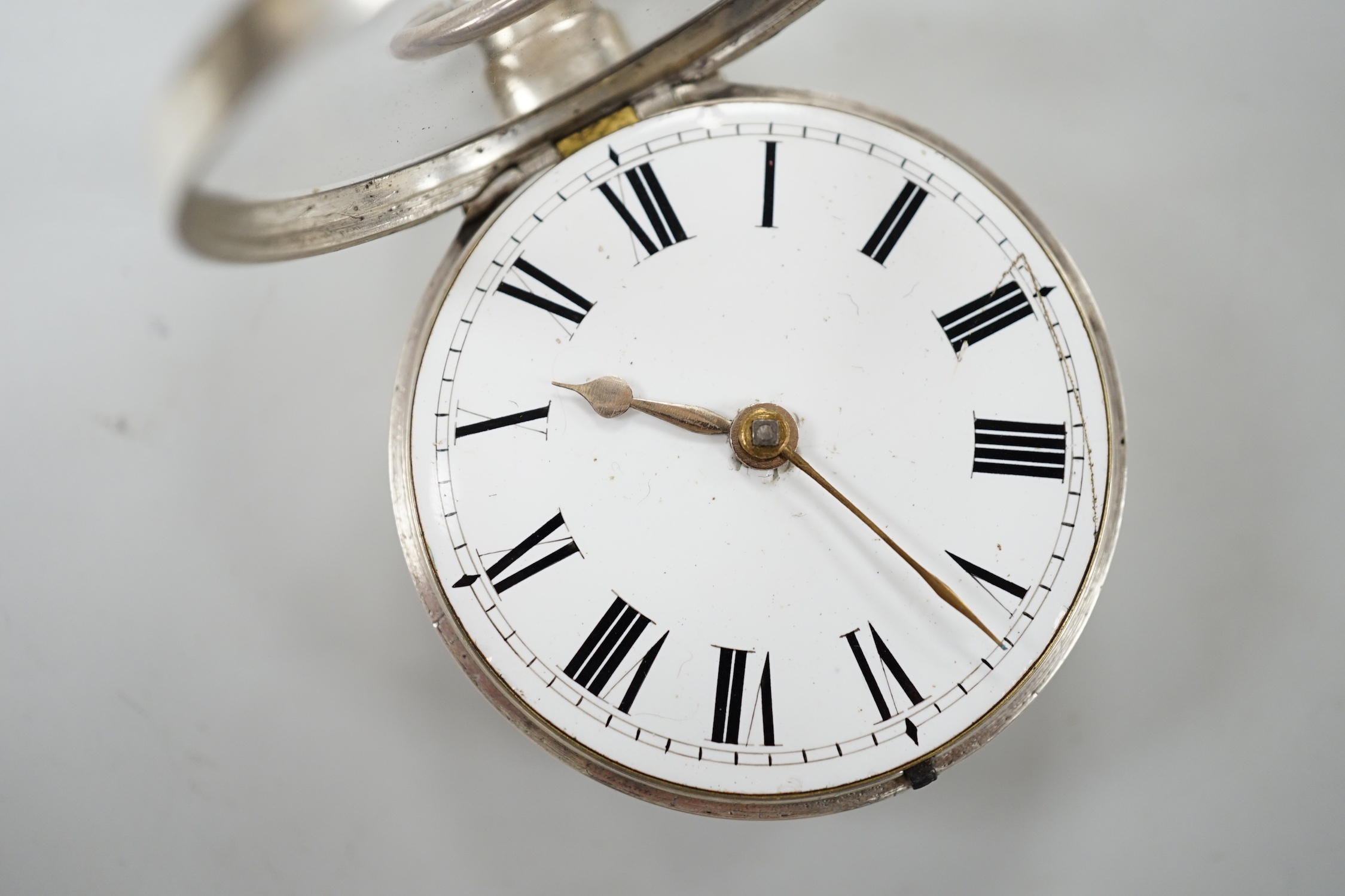 A 19th century silver pair cased keywind verge pocket watch, by Bryant of Buckenham, case diameter 55mm.